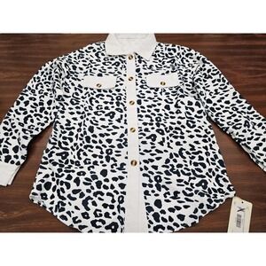StyleGalX NWT Womens S White Black Leopard Print Button Front Ribbed Knit Top